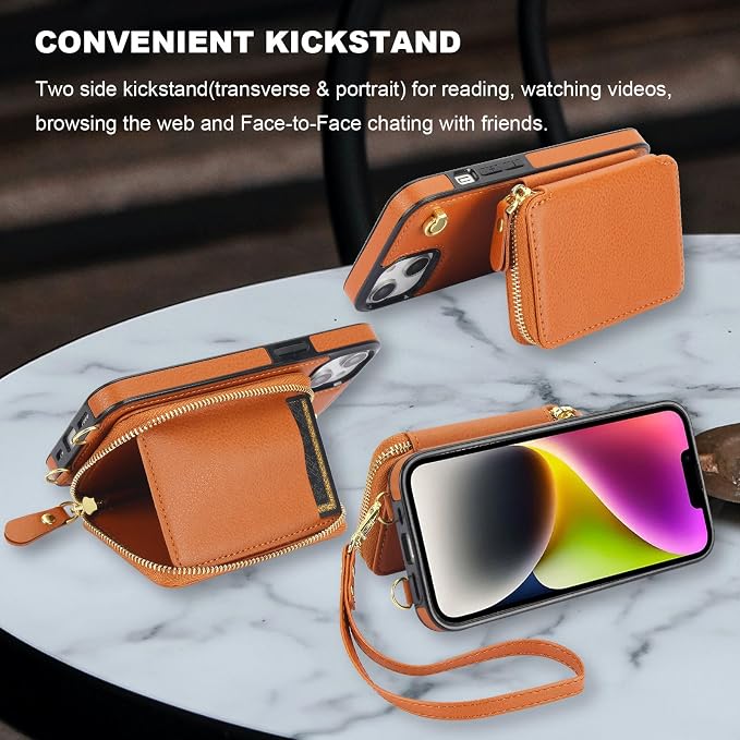 Bocasal for MagSafe Crossbody Wallet Case Compatible with iPhone 14 iPhone 13, RFID Blocking Protective Purse Case with Card Slots Holder Kickstand Wrist Strap Lanyard Zipper 6.1 Inch 5G (Brown)