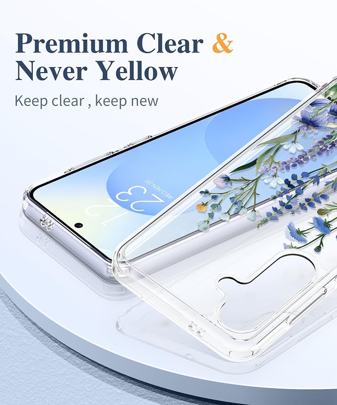 GVIEWIN for Samsung Galaxy S25 Plus Case, Clear Floral Slim Shockproof Protective Women Phone Case, Non-Yellowing, with Screen Protector & Camera Lens Protector for S25 Plus 6.7", Sweet Posy/Blue