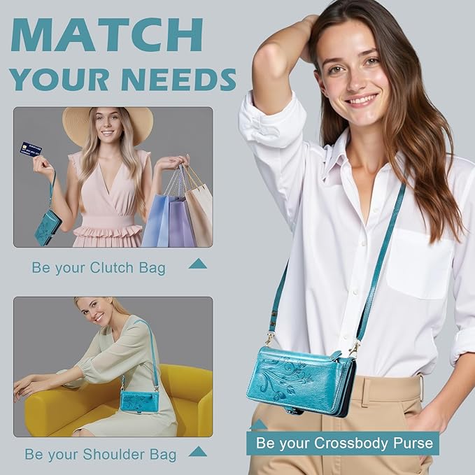 Lacass for iPhone 17 Air Case Wallet,[Cards Theft Scan Protection] Card Holder Zipper Leather Flip Cover Crossbody Wrist Strap with Stand (Floral Blue Green)