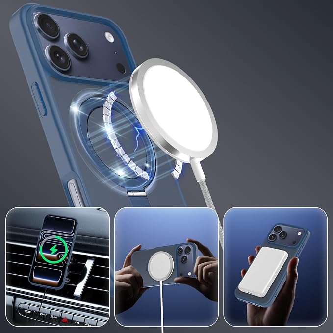 Ultra-Magnetic Stand for iPhone 17 Pro Max Case [Military Drop Protection] [Compatible with MagSafe] Shockproof Translucent Matte Slim Ring Holder Case for iPhone 17 Pro Max (Blue)