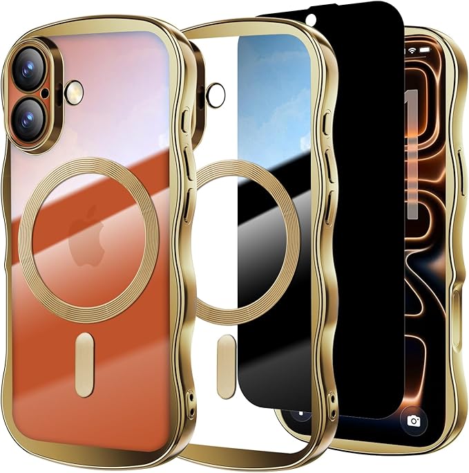 Misscase for iPhone 17 Case with Privacy Screen Protector,Compatible with MagSafe,Cute Wave Frame Anti-Scratch Case with Camera Lens Protector Plating Bling Case for iPhone 17 6.3" Women Gold