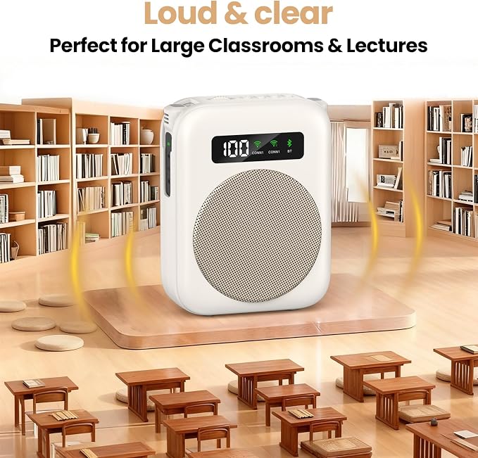 Voice Amplifier with Bluetooth lavalier Microphone, Teacher Bluetooth Amplifier, Portable Voice Amplifier, Clip on Microphone System Bluetooth Speaker - Beige