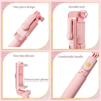 Pink Selfie Stick Tripod, with Wireless Remote Control, Live Streaming and Video Recording, Compatible with Android, iPhone and More