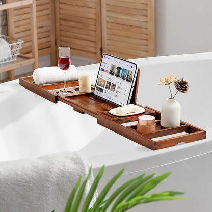 Fun Memories Teak Bathtub Tray for Tub – Adjustable Solid Wood Bath Caddy with Wine Glass Holder, Phone Dock & Book Stand – Bath Tub Tray Wood – Light Walnut Finish
