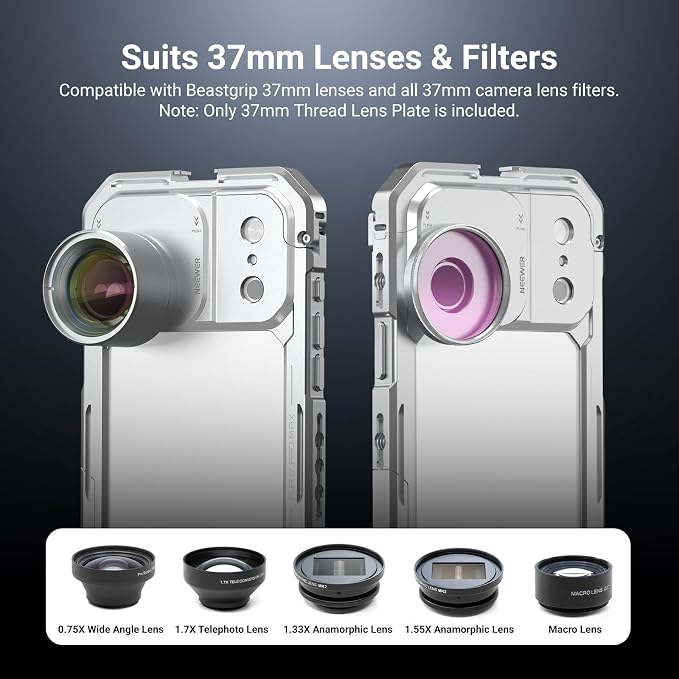 NEEWER 37mm Filter Lens Backplate for PA143/PA144 Phone Cage Only, Quick Release Video Rig Mobile Camera Photography Accessories Compatible with iPhone 17 Pro 17 Pro Max Beastgrip, PA152 (Silver)
