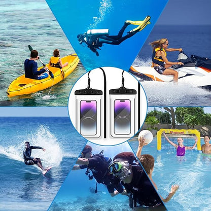 Waterproof Phone Pouch, 2 Pack Black Water Proof Cell Phone Case, Phone Wet Dry Bag Holder Beach Vacation Waterpark Underwater Cruise Essentials Accessories Must Haves Packing List Stuff for Men Women
