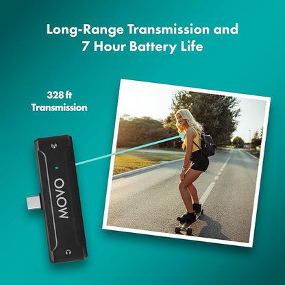 Movo WMX-2-C USB-C Wireless Lavalier Microphone for iPhone 15/Android/USB C Devices with WMX-HM Handheld Adapter - Lapel Mic with Handle Mount for Content Creators, Interviews, Reporting