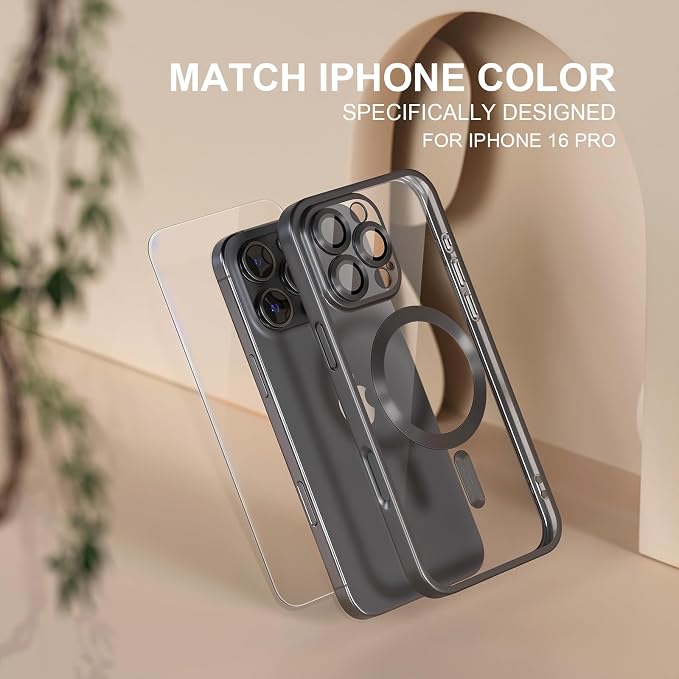 Misea Magnetic for iPhone 16 Pro Case Compatible with MagSafe [Never Yellowing] [Military Grade Drop Protection] Full Camera Lens Protector Plating Soft Clear Phone Case for Women, Titanium Black