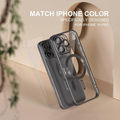 Misea Magnetic for iPhone 16 Pro Case Compatible with MagSafe [Never Yellowing] [Military Grade Drop Protection] Full Camera Lens Protector Plating Soft Clear Phone Case for Women, Titanium Black
