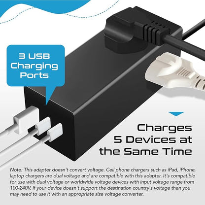 Ceptics 65W World Travel Adapter 3 USB Ports PD 3.0 Ultra Compact Charger 2 US Outlets [GaN Tech], Quick Type C, Charge Laptops, Cellphones in Europe, Asia, Africa, America and More