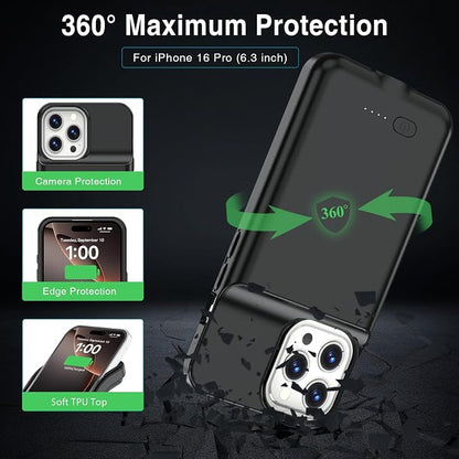 GIN FOXI Battery Case for iPhone 16 Pro, Charging Case Charger 8500mAh Rechargeable Case Ultra-Slim Lightweight 15W Fast Battery Pack Anti-Fall TPU Juice Box for iPhone 16 Pro(6.3") Black
