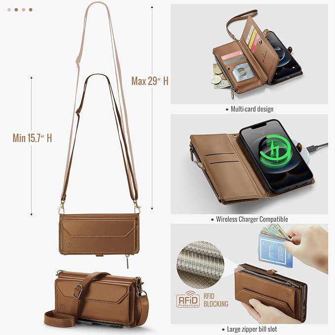 Strapurs Crossbody Wallet Case Compatible with iPhone 17e / iPhone 16e RFID Blocking 7-Card Holder PU Leather Magnetic Snap Shoulder Strap Zipper Pocket Phone Cases for iPhone 17e / 16e - Brown