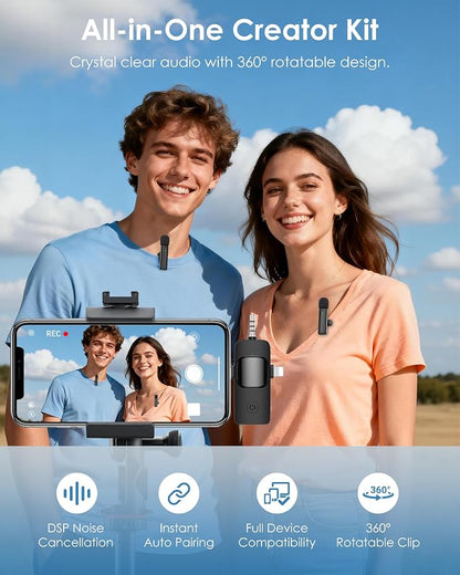 Wireless Mini Microphone for iPhone, Android, Camera, PC, 4 in 1 Lavalier Mic with 360° Rotatable Clip, Plug and Play Noise Reduction Lapel Mic for Video Recording YouTube TikTok Content Creators