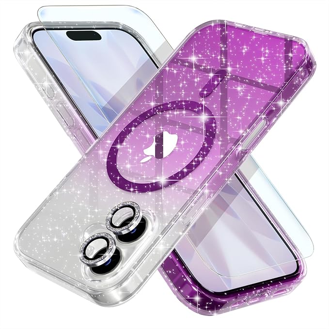 Choiche Magnetic for iPhone 17 Case Compatible with MagSafe, Women Cute Glitter Sparkly Phone Case with Diamond Camera Lens Protectors, Military-Grade Drop Protection 6.3" (Clear/Purple)
