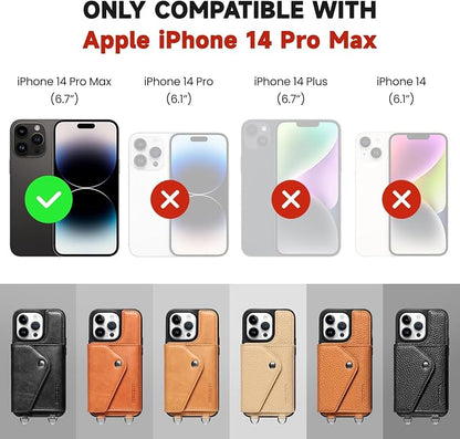 LUCKYCOIN for iPhone 14 Pro Max Crossbody Wallet Case – Genuine Leather Phone Purse with Adjustable Strap and Card Holder,Lanyard Phone Purse Case for Women,Pebble Grain Brown