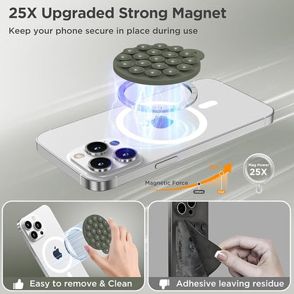 Magnetic Suction Cup Phone Mount, Compatible with MagSafe, Silicone Octo Cup Buddy Sticky Grip Holder for iPhone and Android, Removable Hands-Free Selfie/Video for TikTok, Olive Green