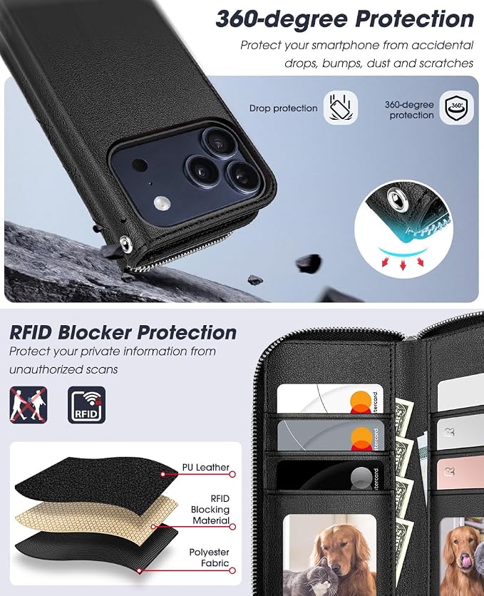 OCASE for iPhone 17 Pro Crossbody Detachable Wallet Case, PU Leather Handbag Phone Purse with Zipper Closure, Card Slots & RFID Blocking, Wrist Strap, Lanyard, Kickstand, Diamond Check Black