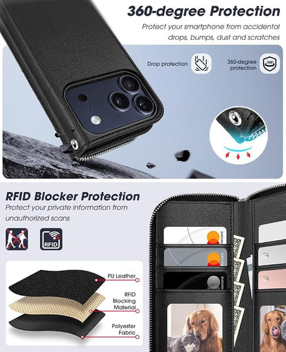 OCASE for iPhone 17 Pro Crossbody Detachable Wallet Case, PU Leather Handbag Phone Purse with Zipper Closure, Card Slots & RFID Blocking, Wrist Strap, Lanyard, Kickstand, Diamond Check Black