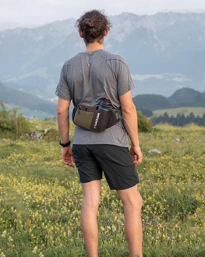 WATERFLY Fanny Pack Waist Bag: Hiking Water Bottle Holder with Strap Waist Pack for Women Men Hydration Hip Packs for Running Walking Traveling-Coffee Brown