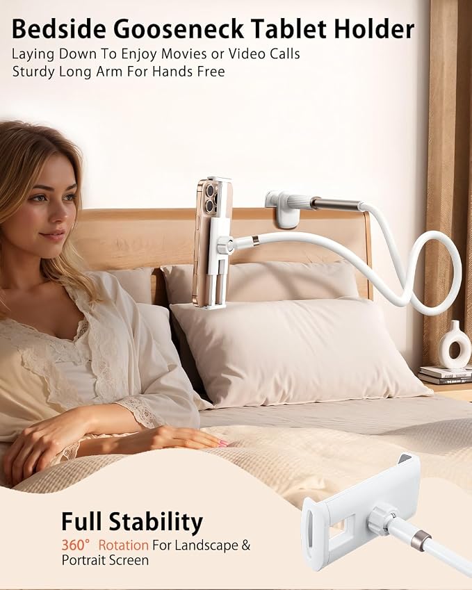 Gooseneck Tablet Holder for Bed, Adjustable Tablet Stand for Desk, Flexible Long Arm Mount for Kindle Reading in Bed, Compatible with iPad and Other 4.7-10.9 Inches Devices