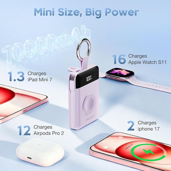 10000mAh Portable Charger,PD 22.5W Super Fast Charging Power Bank with Built-in Cables, Travel Keychain Battery Pack for iPhone 17/16/15/14/13/12,Apple Watch Ultra/11/10/9/8/7/6/SE (Purple)