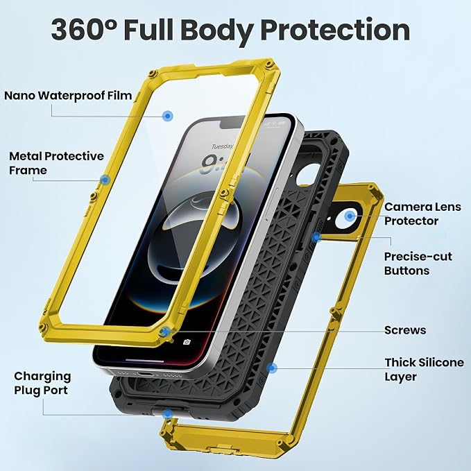 Mitywah Waterproof Case for iPhone 16e and for iPhone 17e, Shockproof Heavy Duty Case with Built-in Screen Protector, Underwater Full Body Protective Metal Case 6.1 inch, Yellow