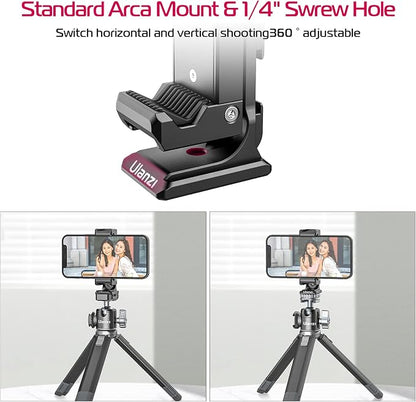 Metal Phone Tripod Mount 3 Cold Shoes & Arca Port, 360° Smartphone Tripod Adapter for iPhone 17 16 15 Cell Phone Stand Holder for Desktop Video Live Streaming Vlogging Rig