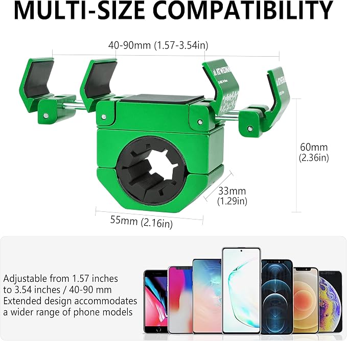 Bike Phone Holder, Motorcycle Phone Mount, Aluminum Alloy Bicycle Handlebar Cell Phone Stand, 360°Rotate Ebike Scooter Phone Clamp Clip, Suitable for 4.5-7.0" Smartphones (Green)
