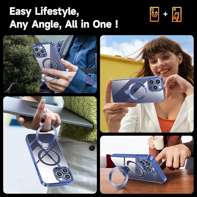 [Tri-Shield Protection] for iPhone 15 Pro Case with 360° Spin Stand Compatible with MagSafe [Magnetic CD Ring] [Screen & Camera Lens Protector] Shockproof Plating Never-Yellowing, Blue-6.1"