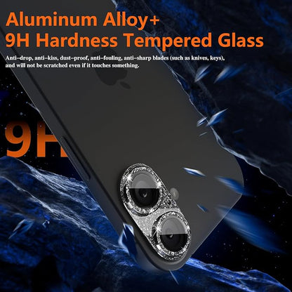 Camera Lens Protector for iPhone 16/iPhone 16 Plus, Bling Glitter Camera Cover with 9H Tempered Glass Metal Ring, Anti-Scratch Lens Protector for iPhone 16/iPhone 16 Plus (Glitter - Black)