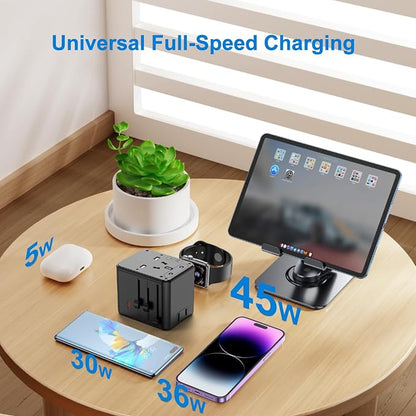 Universal Travel Adapter, International Power Plug Converter with 45W PD Charger, 2500W Support, All-in-One AC Adapter Travel Essentials for Europe EU UK US AUS, Type C Port