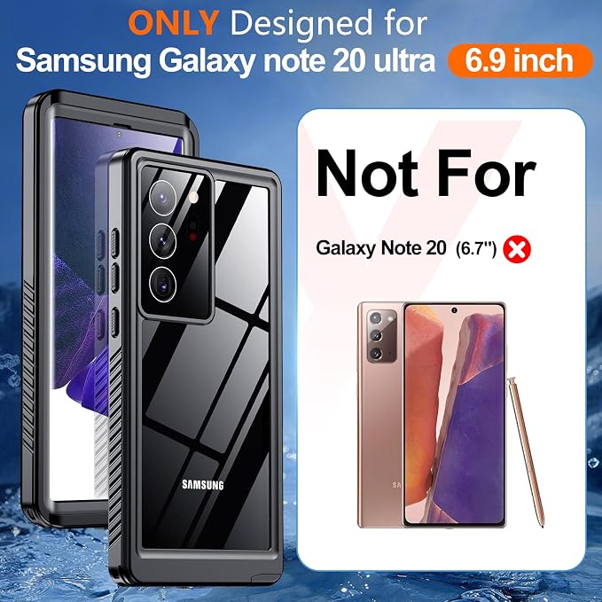 Hualele for Samsung Galaxy Note 20 Ultra 5G Case Waterproof, Built in Lens & Screen Protector Rugged Full Body Heavy Duty Protective Military Grade IP68 Underwater Cover Case for Note 20 Ultra Black