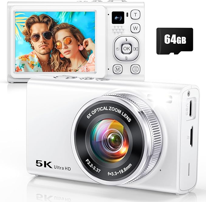 5K Digital Camera for Photography with 6X Optical Zoom, 2026 Latest 96MP Autofocus Vlogging Camera for YouTube with Dual Lens, Anti-Shake, Flash, Compact Small Travel Cameras with 64GB Card, White