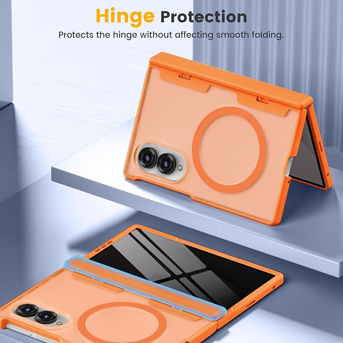 Caka Magnetic for Samsung Galaxy Z Fold 8 Case with Hinge Protection Orange | Compatible with MagSafe, Built-in Outer Screen Protector, Hinge Guard, Translucent Matte Back, 360° Hybrid Drop Defense