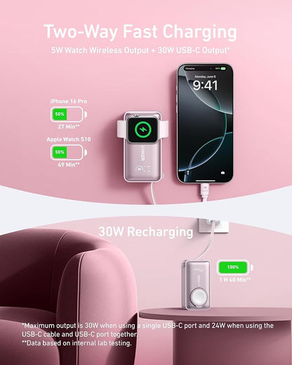 Anker MagGo Power Bank for Apple Watch, Officially Certified 10,000mAh Compact Battery Pack with Built-in USB-C Cable, 35W Max, for iPhone 15 Series, Samsung, iPad, AirPods, and More(Pink)