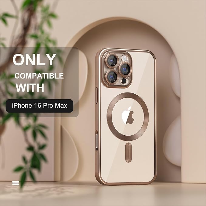 Misea Magnetic for iPhone 16 Pro Max Case Compatible with MagSafe [Never Yellowing] [Military Grade Drop Protection] Full Camera Lens Protector Plating Soft Clear Phone Case for Women 6.9", Desert