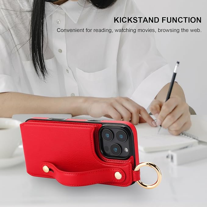 Folosu for iPhone 16 Pro Max Wallet Case with Card Holder, Hand Wrist Strap Loop Holder Kickstand, RFID Blocking Finger Grip Ring PU Leather Double Buttons Shockproof Cover 6.9" Red