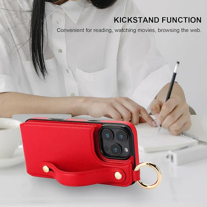 Folosu for iPhone 16 Pro Max Wallet Case with Card Holder, Hand Wrist Strap Loop Holder Kickstand, RFID Blocking Finger Grip Ring PU Leather Double Buttons Shockproof Cover 6.9" Red