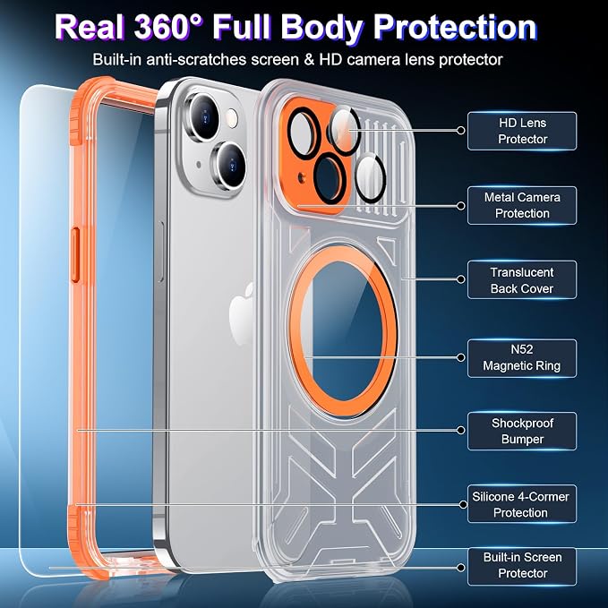 Temdan Magnetic for iPhone 15 Case Waterproof,[Built-in Screen & Camera Protector][Full Body Shockproof][IP68 Underwater][Dustproof] Shockproof Phone Case for iPhone 15 6.1"-Orange