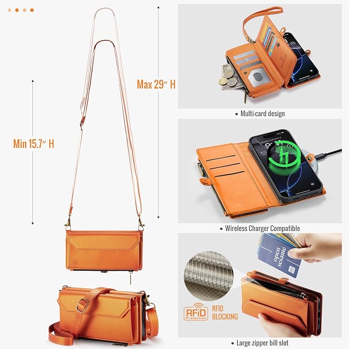 Strapurs Wallet Case Compatible with iPhone 16 Pro Max 6.9" RFID Blocking 10-Card Holder Soft PU Leather Magnetic Snap Shoulder Strap Zipper Pocket Phone Case Fit for iPhone 16 Pro Max - Orange