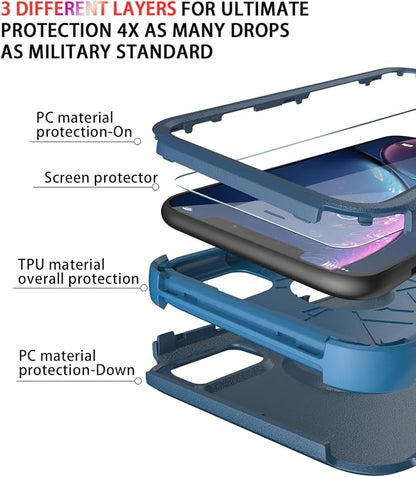 Diverbox Designed for iPhone Xr case with Screen Protector Heavy Duty Shockproof Shock-Resistant Cases for Apple iPhone Xr Phone (Blue+Screen Protector)