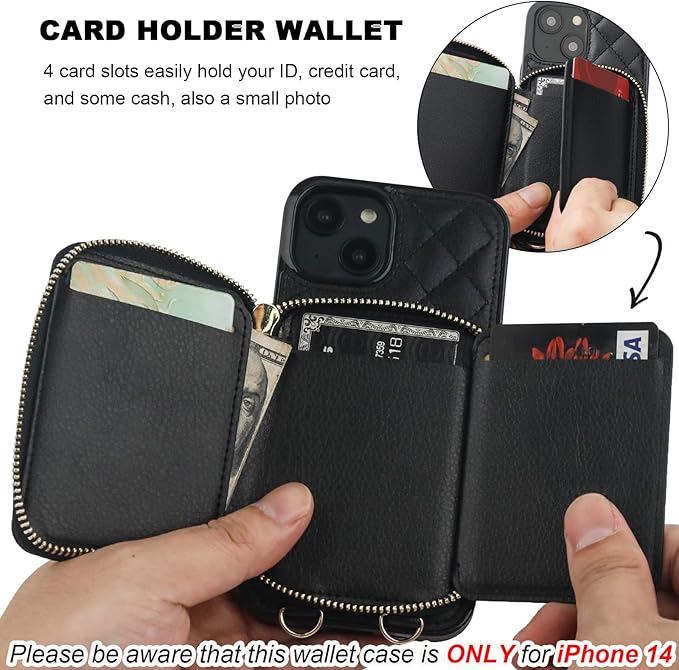Bocasal Crossbody Wallet Case for iPhone 14, RFID Blocking PU Leather Zipper Handbag Purse Flip Cover, Kickstand Folio Case with Card Slots Holder Wrist Strap Lanyard 5G 6.1 Inch (Black)