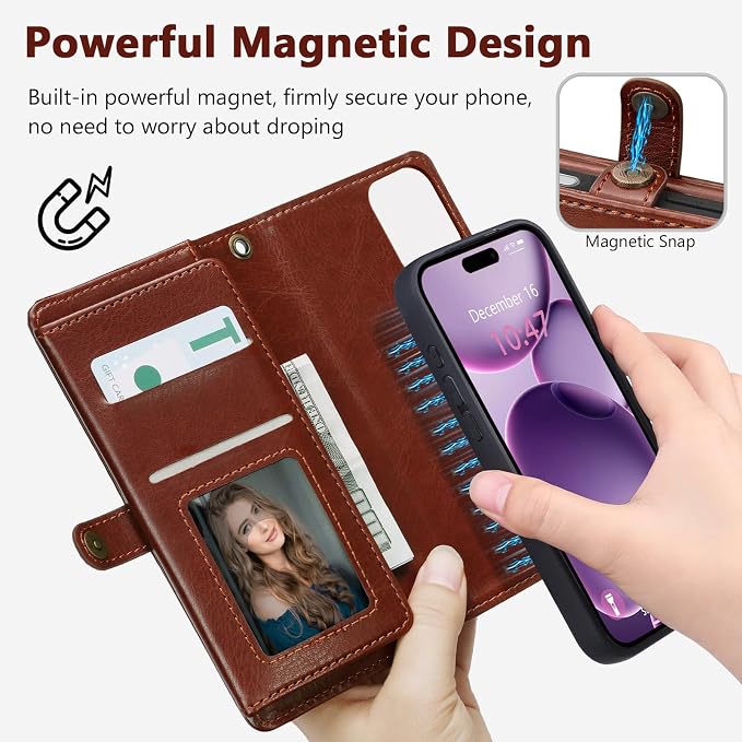 Wallet Case for iPhone 16 Plus with Card Holder/Crossbody Wallet/Strap| RFID Blocking | Magnetic | Kickstand | Detachable | PU Leather Phone Case for iPhone 16 Plus,6.7 in,Brown