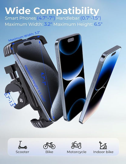 Bike Phone Holder Mount, Motorcycle Phone Mount, 360° Adjustable Phone Holde Mount for Bike and Motorcycle, Shockproof & Anti-Shake Design, Fits 4.7–7” Smartphones (Black)