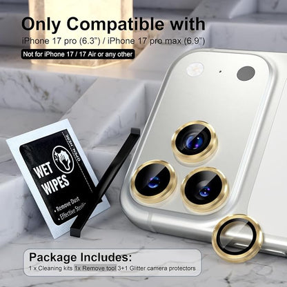 Choiche Compatible for iPhone 17 Pro/iPhone 17 Pro Max Camera Lens Protector, 9H Tempered Glass Camera Cover Screen Protector Metal Ring Decoration Accessories (Gold)