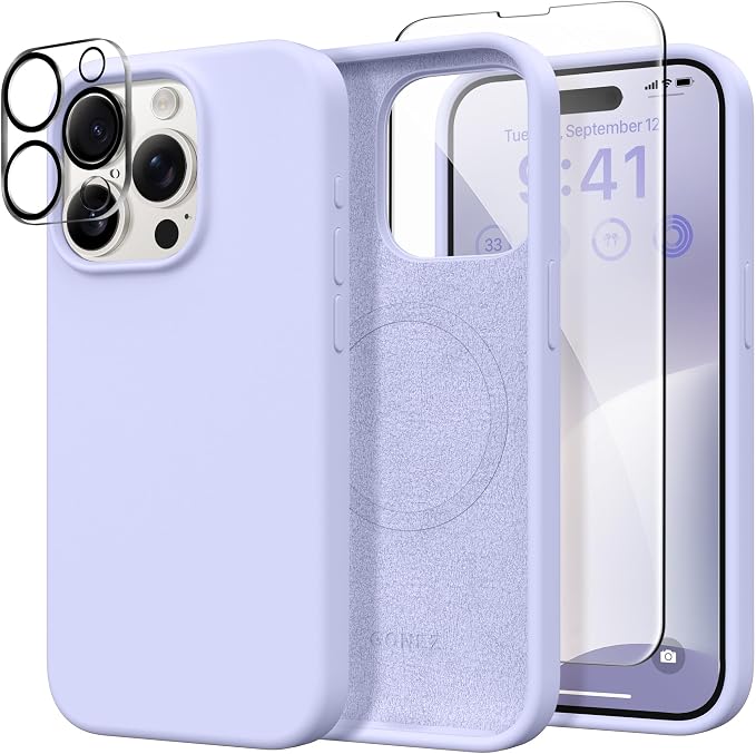 GONEZ for iPhone 15 Pro Max Case Silicone, Compatible with Magsafe, Camera Protector + Screen Protector, Soft Anti-Scratch Microfiber Lining, Liquid Silicone Shockproof Phone Cover, Lilac