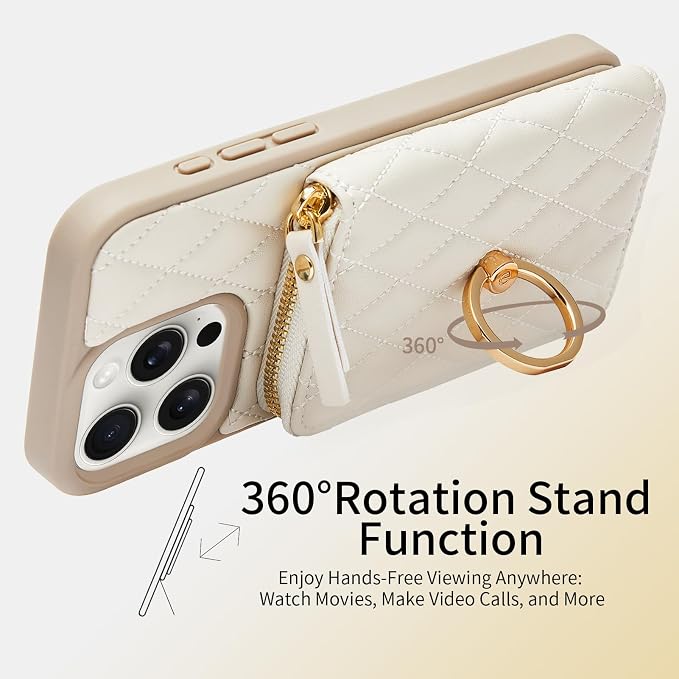 ZVE Compatible with iPhone 15 Pro Case Wallet for Women, PU Leather Shockproof Crossbody Phone Case with Card Holder for iPhone 15 Pro 6.1 Inch-Beige