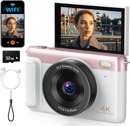 4K Digital Camera for Photography, 75MP WiFi Vlogging Camera for YouTube, 3'' 180° Flip Screen, Anti Shake Auto Focus 16X Zoom, 2500 mAh Battery, Point and Shoot Cameras for Kids Beginner, 32GB, Pink