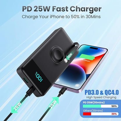 Portable Charger 10800mAh QC4.0+PD 25W Fast Charging USB C Power Bank,6 Outputs LCD Display Travel Battery Pack Compatible with iPhone 16/15/14/13, Android etc