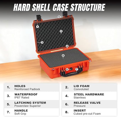 Jack Boss 16x 12.8x 6.8 Inch Hard Case, Portable Weather Waterproof Protective Camera Case with Customizable Foam, Fit Use of Drones, Camera, Equipments, Orange